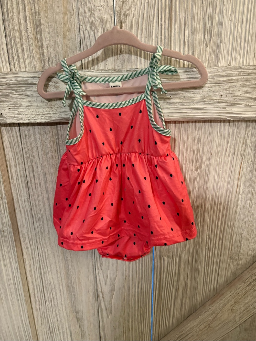 Pink Watermelon Print Baby Dress with Green Trim - Picture 2 of 8